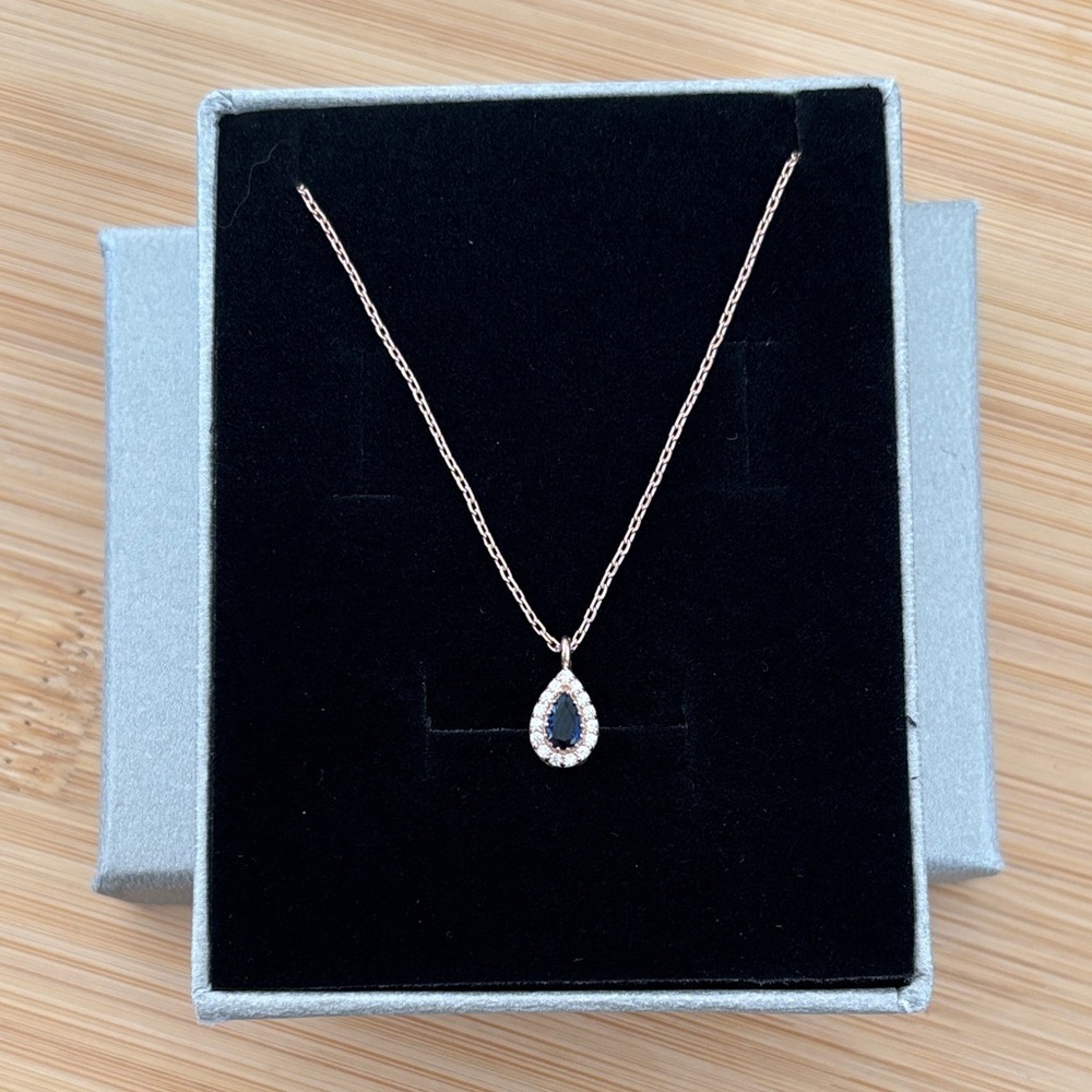 Brand New 14K Gold Plated 925 Sterling Silver Teardrop Sapphire Dainty Necklace